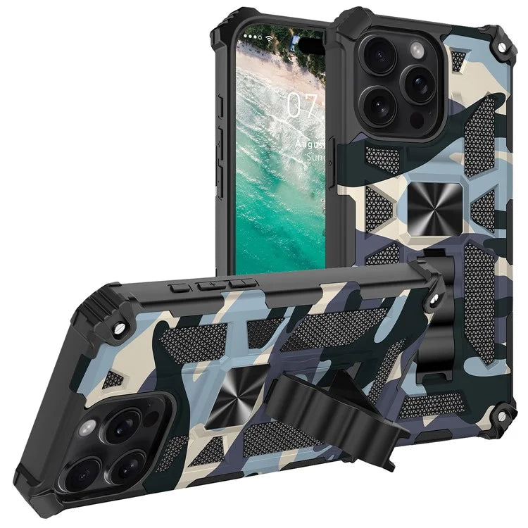 For iPhone 16 Pro Max Case Kickstand PC+TPU Camouflage Military Grade Phone Cover