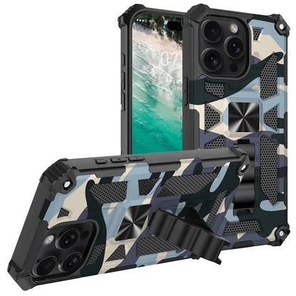 For iPhone 16 Pro Max Case Kickstand PC+TPU Camouflage Military Grade Phone Cover