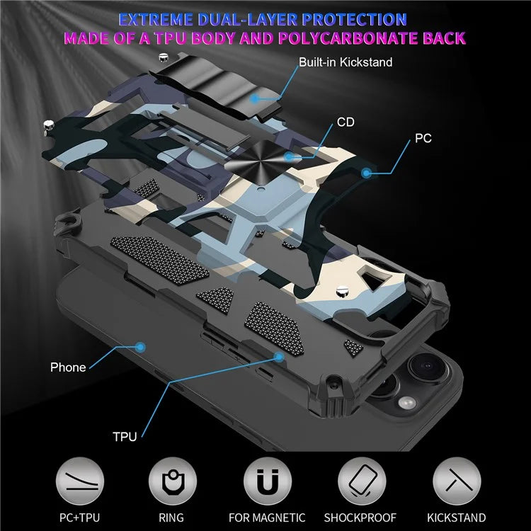 For iPhone 16 Pro Max Case Kickstand PC+TPU Camouflage Military Grade Phone Cover