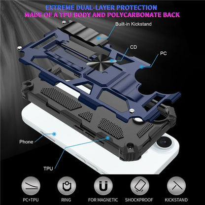 For iPhone 16 Phone Case Kickstand Drop Protection PC + TPU Back Cover