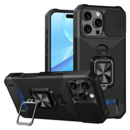 For iPhone 16 Pro Max Kickstand Case Slide Lens Lid PC+TPU Phone Cover with Card Slot