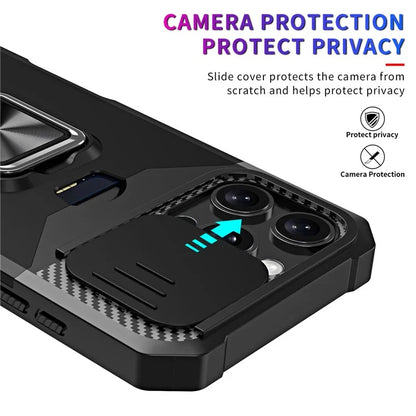 For iPhone 16 Pro Max Kickstand Case Slide Lens Lid PC+TPU Phone Cover with Card Slot