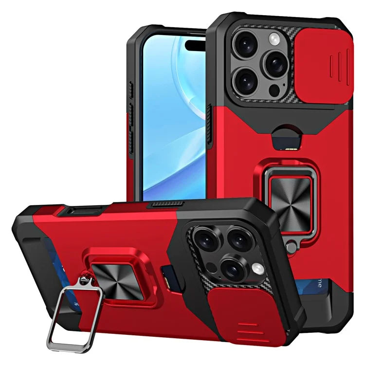 For iPhone 16 Pro Max Kickstand Case Slide Lens Lid PC+TPU Phone Cover with Card Slot