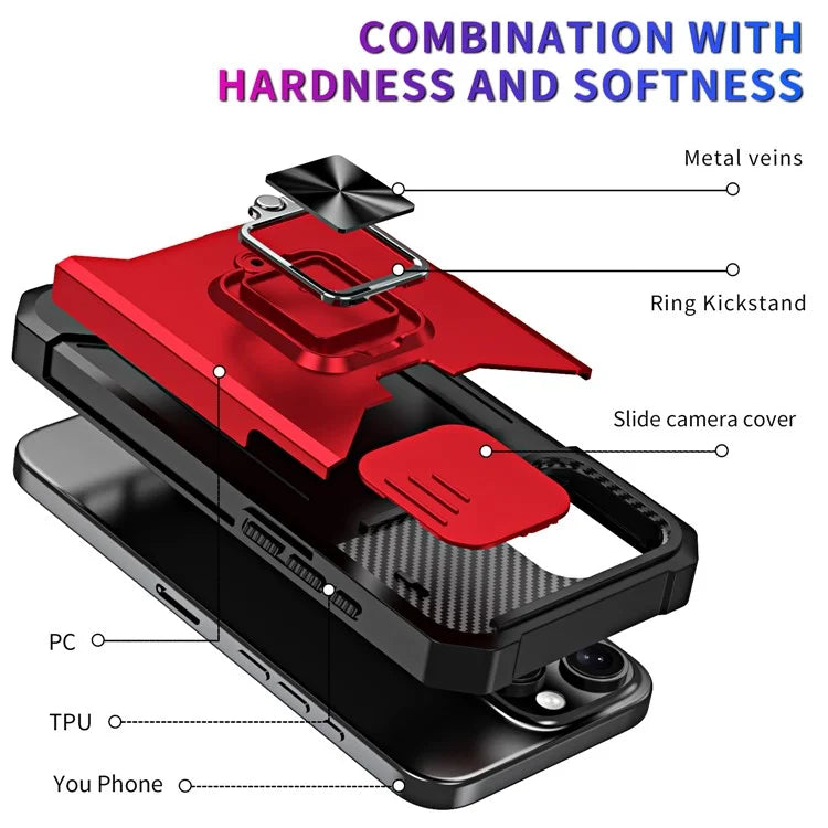 For iPhone 16 Pro Max Kickstand Case Slide Lens Lid PC+TPU Phone Cover with Card Slot