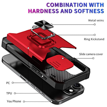 For iPhone 16 Pro Max Kickstand Case Slide Lens Lid PC+TPU Phone Cover with Card Slot