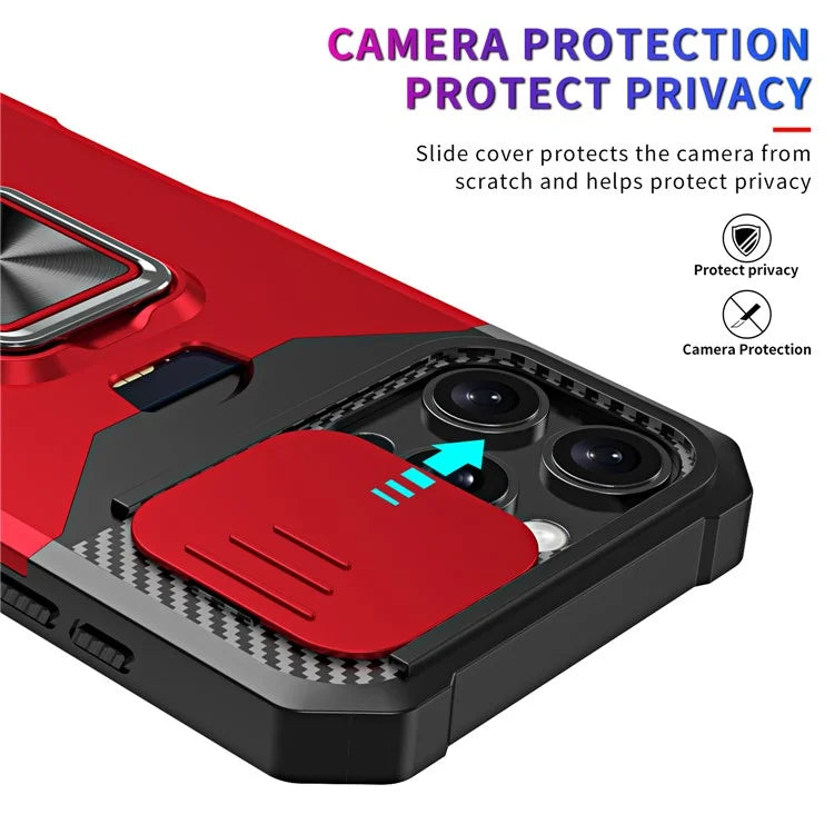 For iPhone 16 Pro Max Kickstand Case Slide Lens Lid PC+TPU Phone Cover with Card Slot