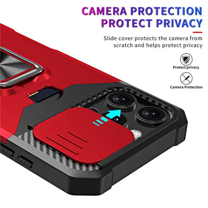 For iPhone 16 Pro Max Kickstand Case Slide Lens Lid PC+TPU Phone Cover with Card Slot