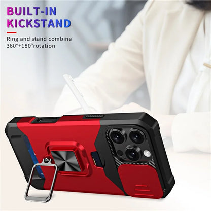 For iPhone 16 Pro Max Kickstand Case Slide Lens Lid PC+TPU Phone Cover with Card Slot