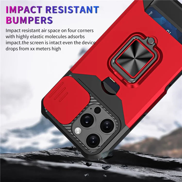 For iPhone 16 Pro Max Kickstand Case Slide Lens Lid PC+TPU Phone Cover with Card Slot