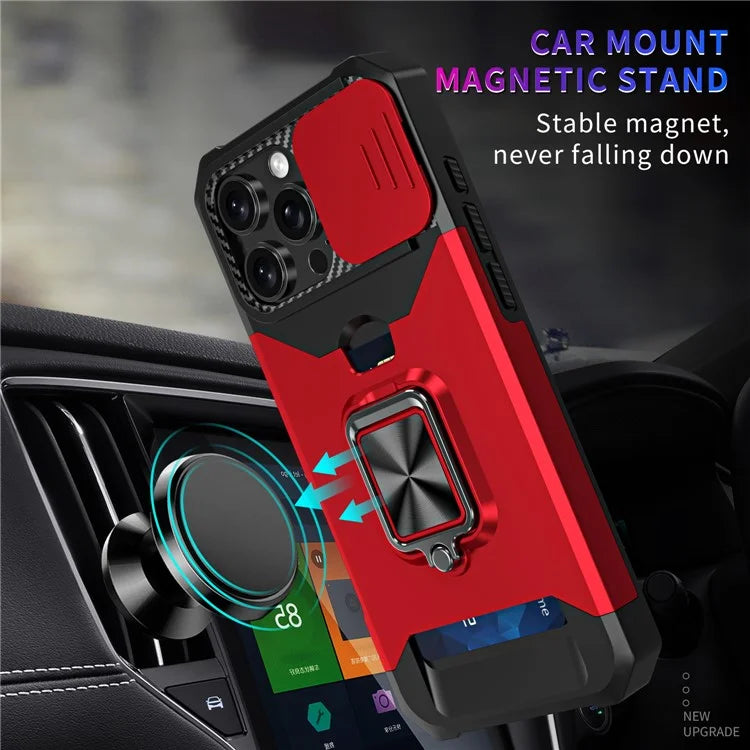 For iPhone 16 Pro Max Kickstand Case Slide Lens Lid PC+TPU Phone Cover with Card Slot