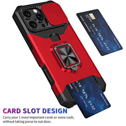 For iPhone 16 Pro Max Kickstand Case Slide Lens Lid PC+TPU Phone Cover with Card Slot