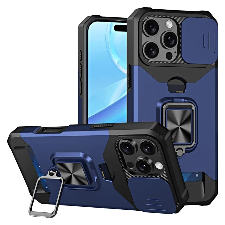 For iPhone 16 Pro Max Kickstand Case Slide Lens Lid PC+TPU Phone Cover with Card Slot