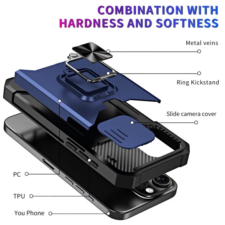 For iPhone 16 Pro Max Kickstand Case Slide Lens Lid PC+TPU Phone Cover with Card Slot