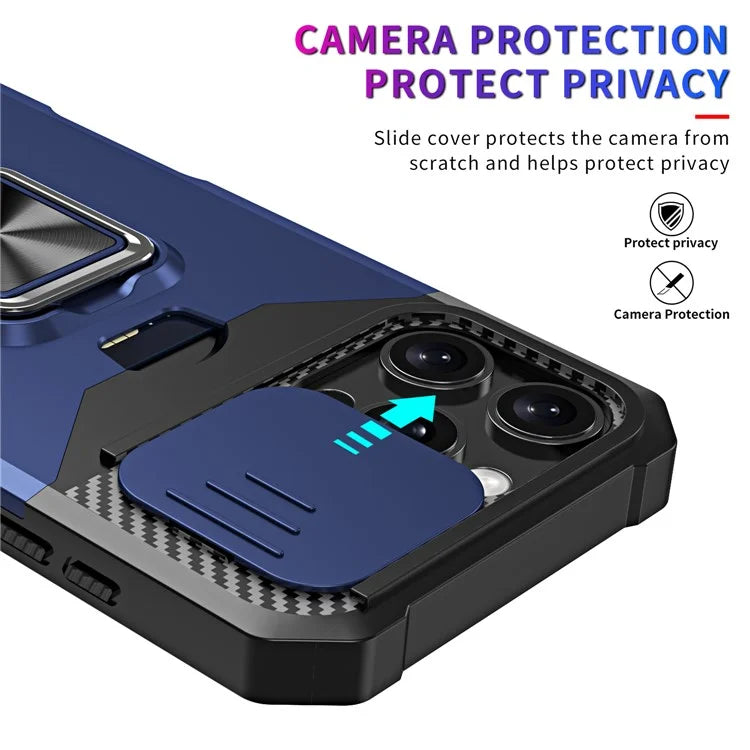 For iPhone 16 Pro Max Kickstand Case Slide Lens Lid PC+TPU Phone Cover with Card Slot