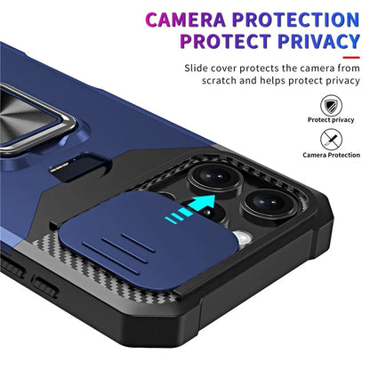 For iPhone 16 Pro Max Kickstand Case Slide Lens Lid PC+TPU Phone Cover with Card Slot