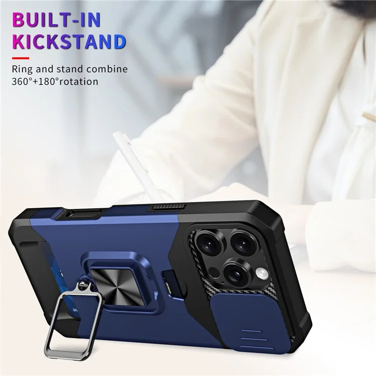 For iPhone 16 Pro Max Kickstand Case Slide Lens Lid PC+TPU Phone Cover with Card Slot