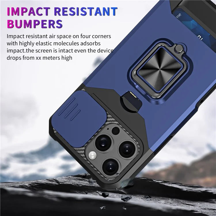 For iPhone 16 Pro Max Kickstand Case Slide Lens Lid PC+TPU Phone Cover with Card Slot