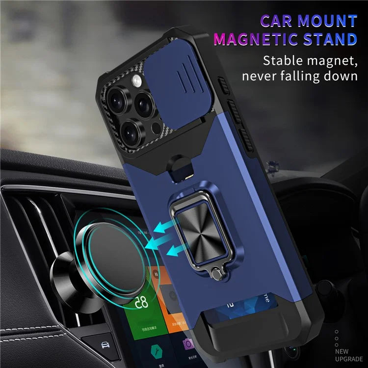 For iPhone 16 Pro Max Kickstand Case Slide Lens Lid PC+TPU Phone Cover with Card Slot
