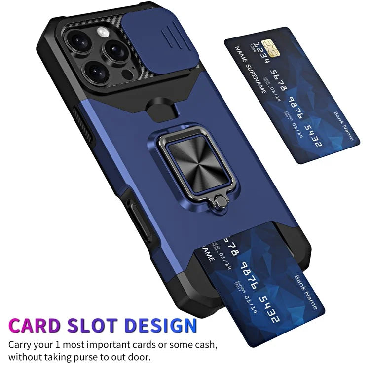 For iPhone 16 Pro Max Kickstand Case Slide Lens Lid PC+TPU Phone Cover with Card Slot