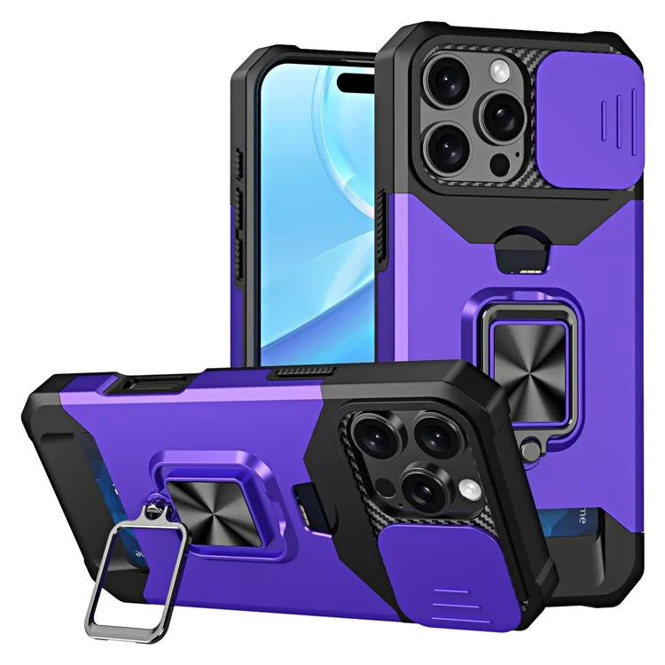 For iPhone 16 Pro Max Kickstand Case Slide Lens Lid PC+TPU Phone Cover with Card Slot
