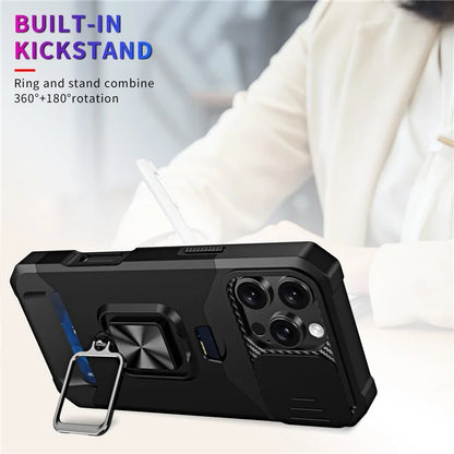 For iPhone 16 Pro Max Kickstand Case Slide Lens Lid PC+TPU Phone Cover with Card Slot