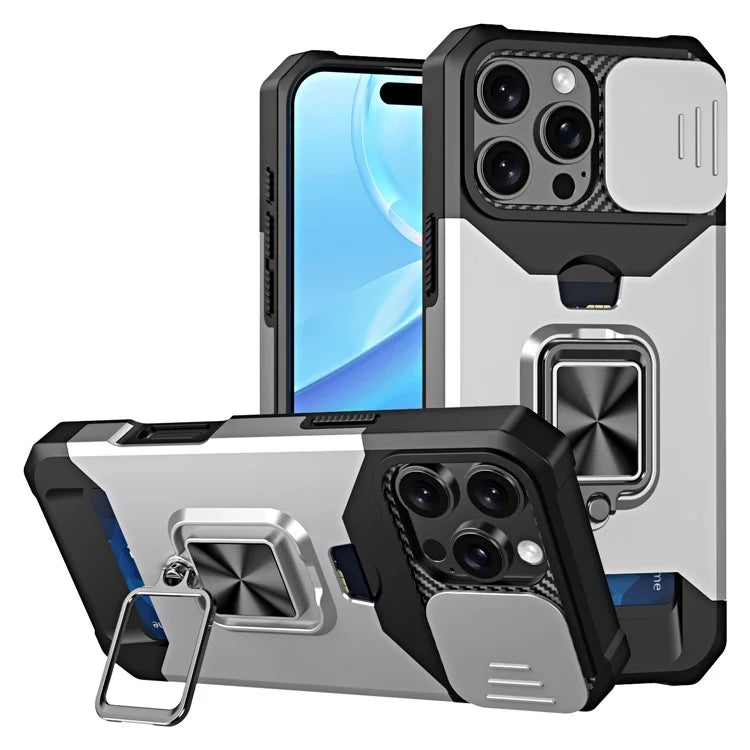 For iPhone 16 Pro Max Kickstand Case Slide Lens Lid PC+TPU Phone Cover with Card Slot