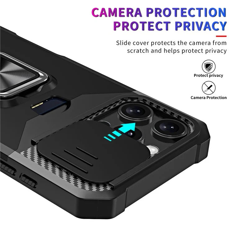 For iPhone 16 Pro Max Kickstand Case Slide Lens Lid PC+TPU Phone Cover with Card Slot