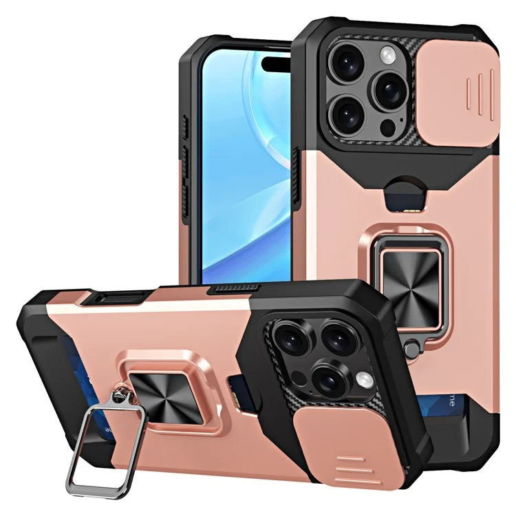 For iPhone 16 Pro Max Kickstand Case Slide Lens Lid PC+TPU Phone Cover with Card Slot
