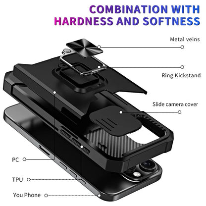For iPhone 16 Pro Max Kickstand Case Slide Lens Lid PC+TPU Phone Cover with Card Slot