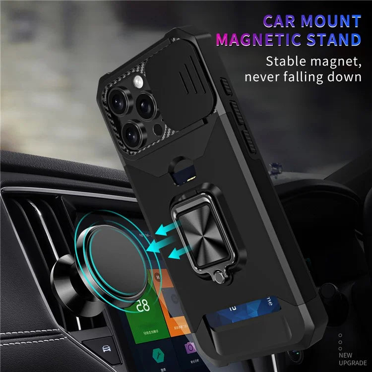 For iPhone 16 Pro Max Kickstand Case Slide Lens Lid PC+TPU Phone Cover with Card Slot