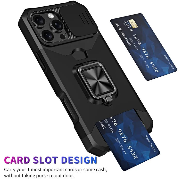 For iPhone 16 Pro Max Kickstand Case Slide Lens Lid PC+TPU Phone Cover with Card Slot