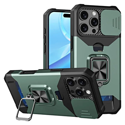 For iPhone 16 Pro Max Kickstand Case Slide Lens Lid PC+TPU Phone Cover with Card Slot