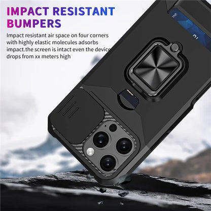 For iPhone 16 Pro Max Kickstand Case Slide Lens Lid PC+TPU Phone Cover with Card Slot