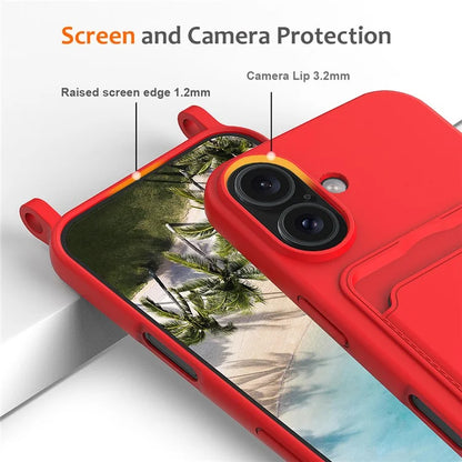 For iPhone 16 Case Liquid Silicone Card Holder Phone Back Cover with Lanyard