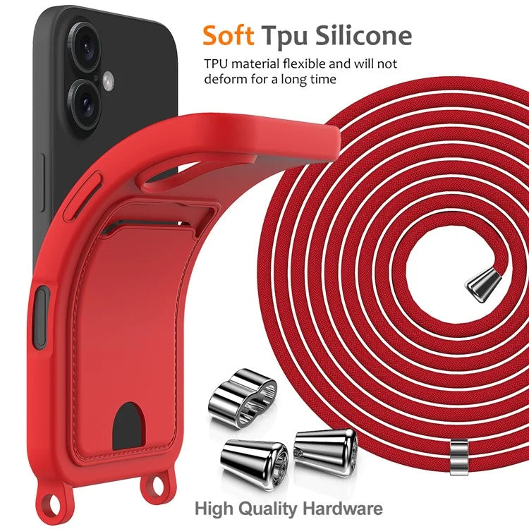 For iPhone 16 Case Liquid Silicone Card Holder Phone Back Cover with Lanyard