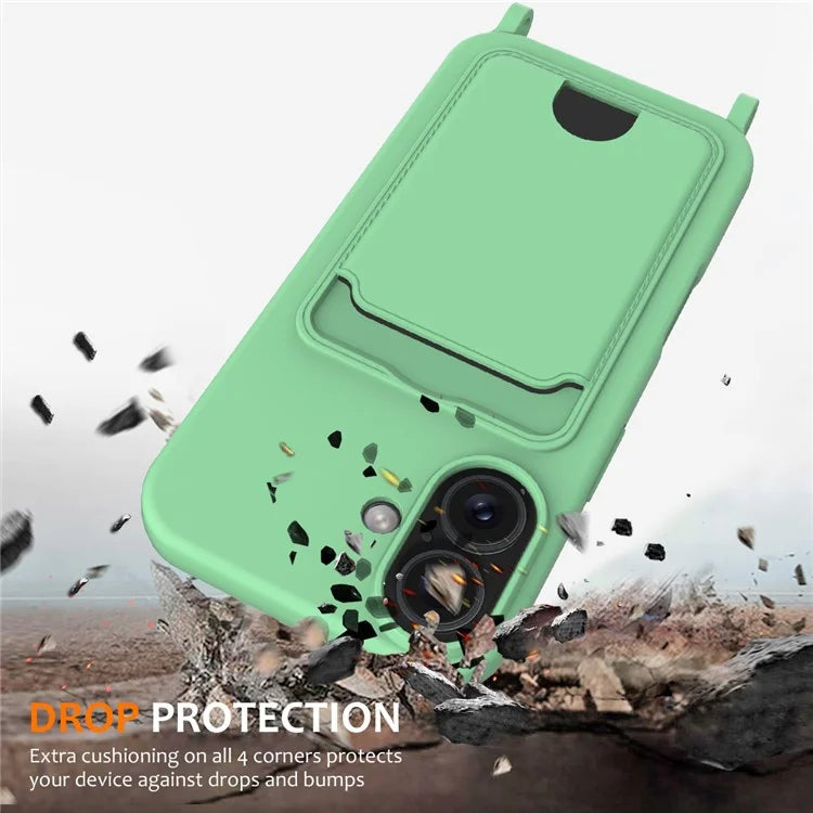 For iPhone 16 Case Liquid Silicone Card Holder Phone Back Cover with Lanyard