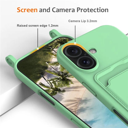 For iPhone 16 Case Liquid Silicone Card Holder Phone Back Cover with Lanyard