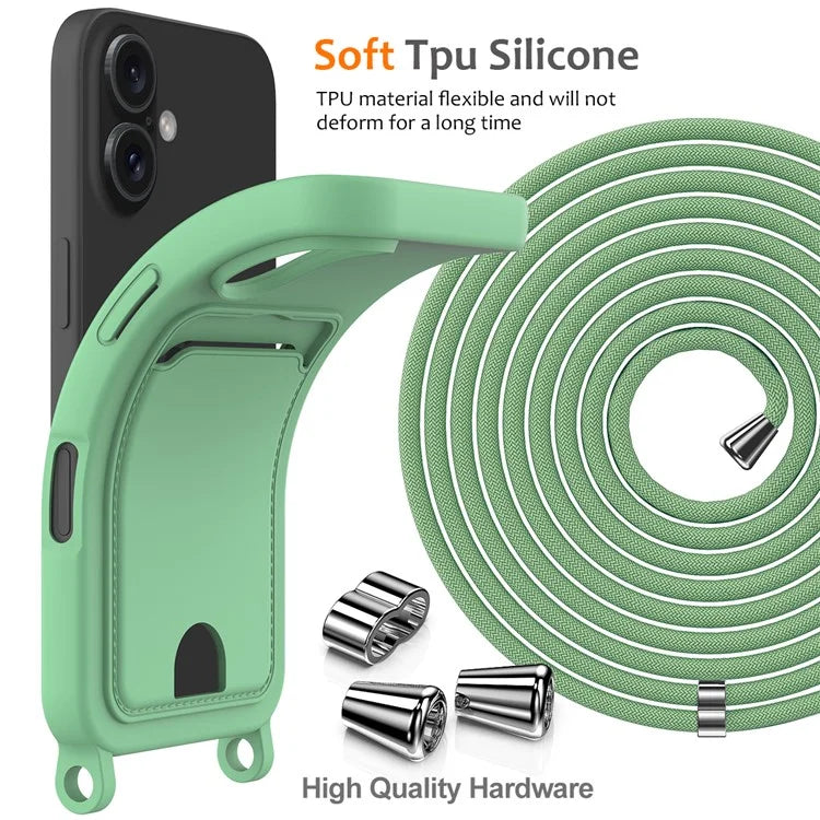 For iPhone 16 Case Liquid Silicone Card Holder Phone Back Cover with Lanyard
