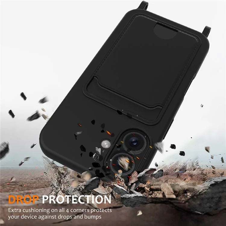 For iPhone 16 Case Liquid Silicone Card Holder Phone Back Cover with Lanyard