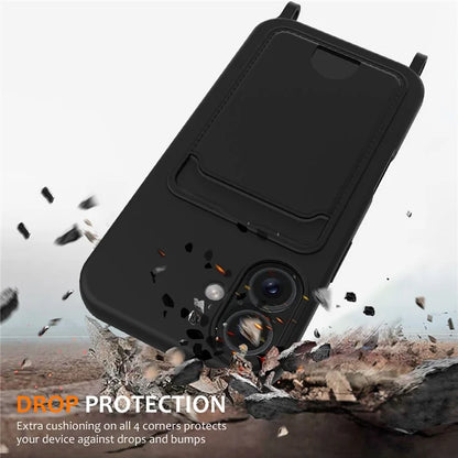 For iPhone 16 Case Liquid Silicone Card Holder Phone Back Cover with Lanyard