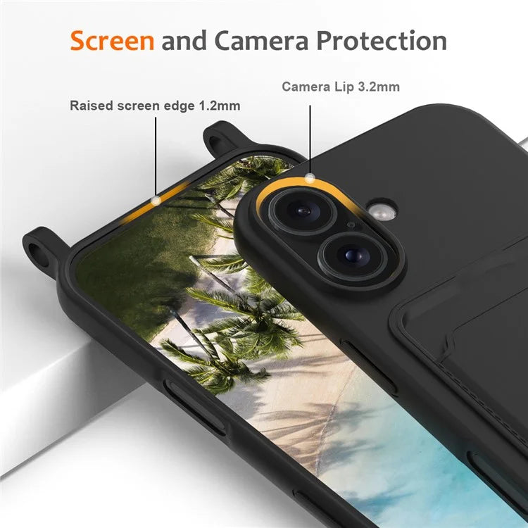 For iPhone 16 Case Liquid Silicone Card Holder Phone Back Cover with Lanyard