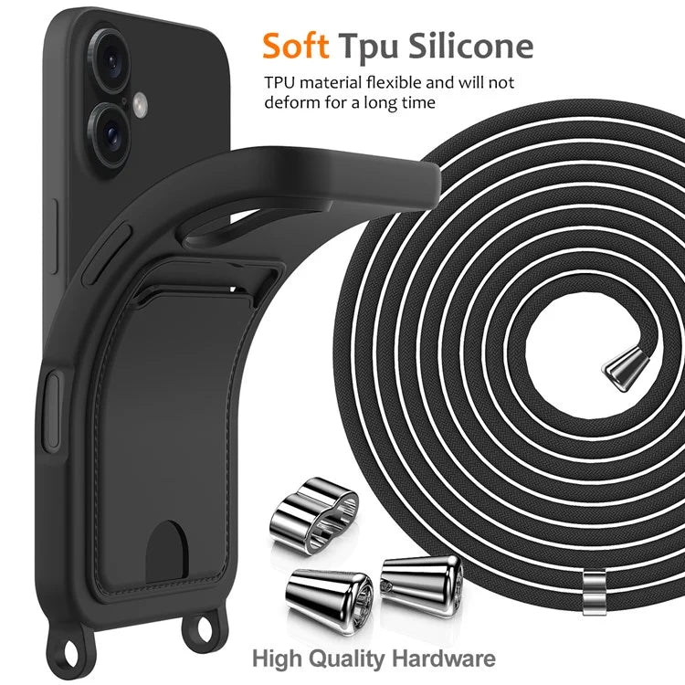 For iPhone 16 Case Liquid Silicone Card Holder Phone Back Cover with Lanyard