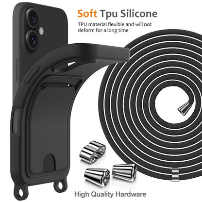 For iPhone 16 Case Liquid Silicone Card Holder Phone Back Cover with Lanyard
