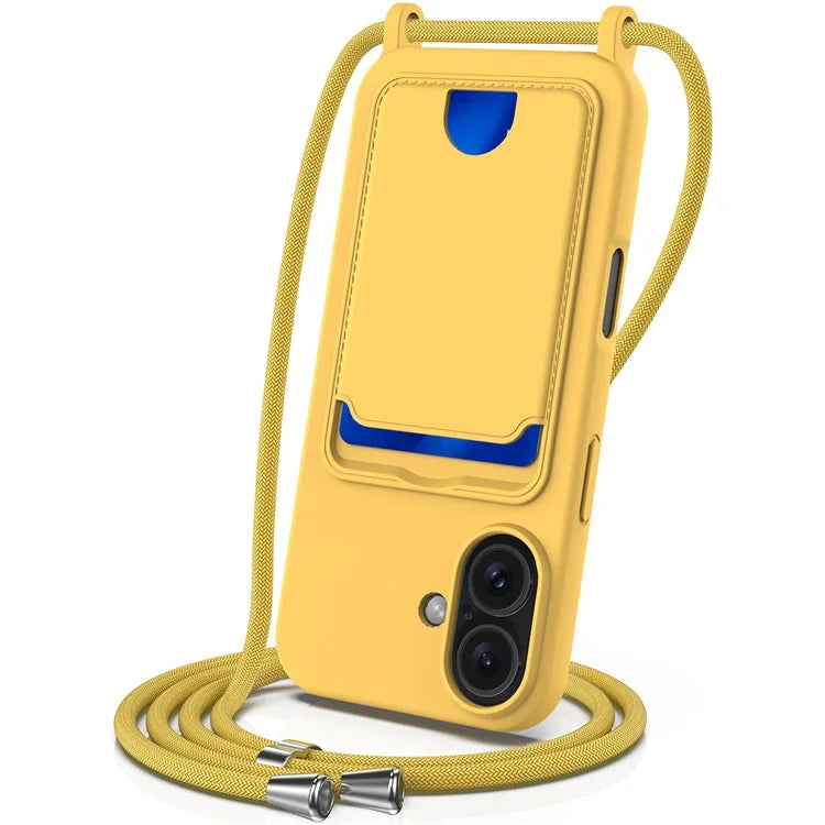 For iPhone 16 Case Liquid Silicone Card Holder Phone Back Cover with Lanyard
