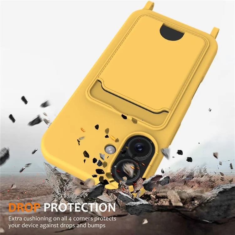 For iPhone 16 Case Liquid Silicone Card Holder Phone Back Cover with Lanyard