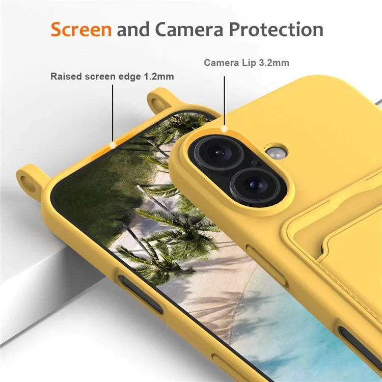 For iPhone 16 Case Liquid Silicone Card Holder Phone Back Cover with Lanyard