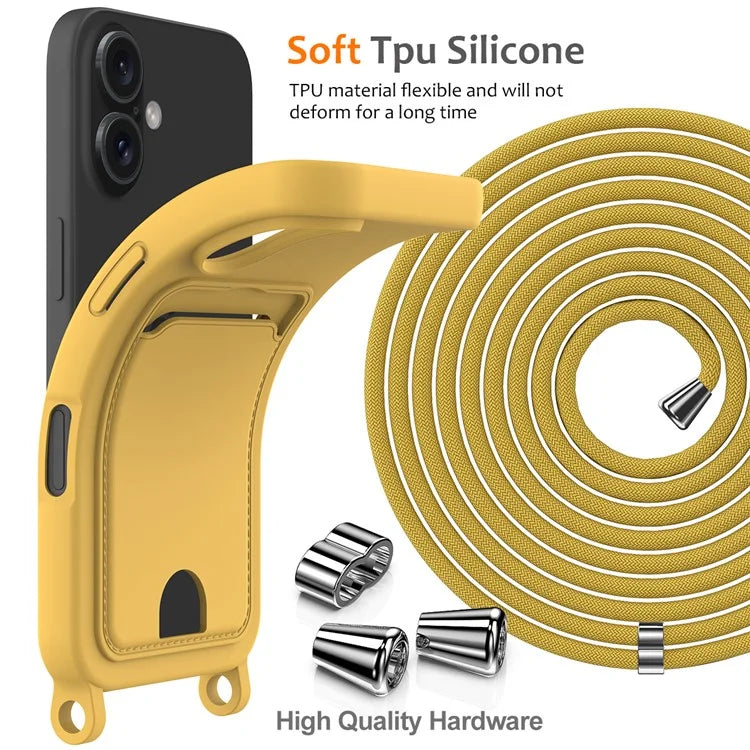 For iPhone 16 Case Liquid Silicone Card Holder Phone Back Cover with Lanyard