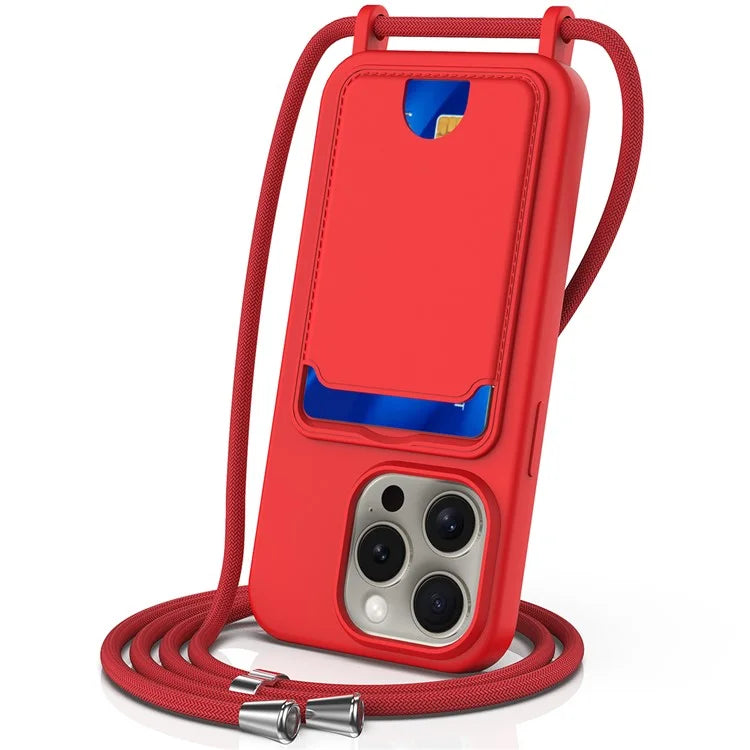 For iPhone 16 Pro Max Case Liquid Silicone Card Holder Phone Back Cover with Lanyard