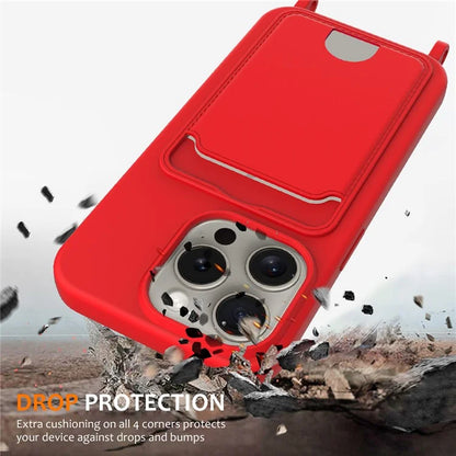 For iPhone 16 Pro Max Case Liquid Silicone Card Holder Phone Back Cover with Lanyard