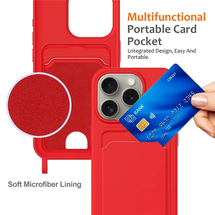 For iPhone 16 Pro Max Case Liquid Silicone Card Holder Phone Back Cover with Lanyard